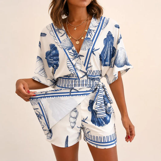 Women's Coastal Print Wrap Skort Romper