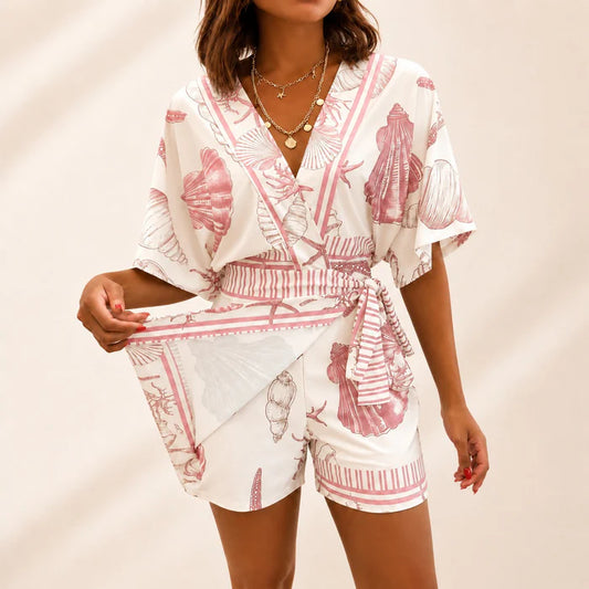 Women's Coastal Print Wrap Skort Romper