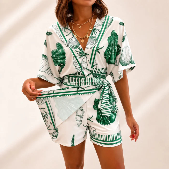 Women's Coastal Print Wrap Skort Romper