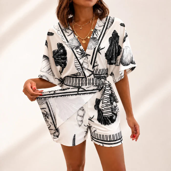 Women's Coastal Print Wrap Skort Romper