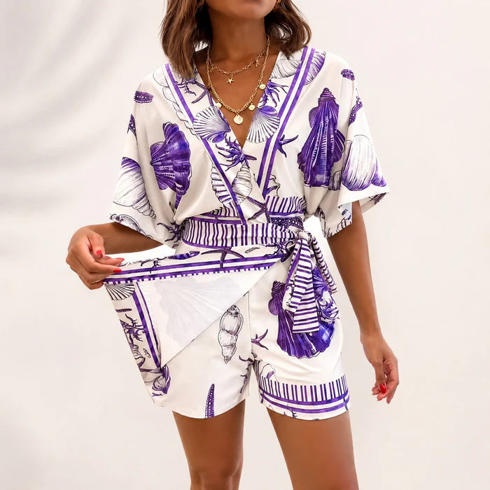 Women's Coastal Print Wrap Skort Romper