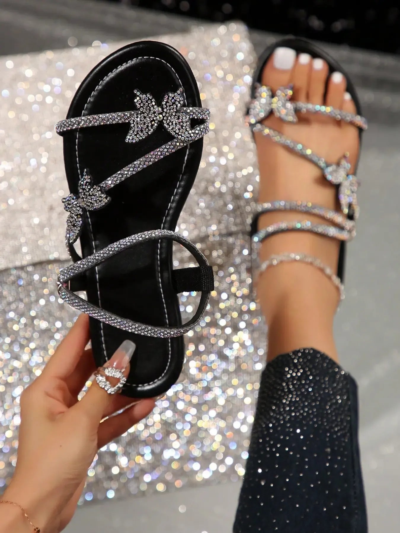 Women's Butterfly Rhinestone Flat Sandals