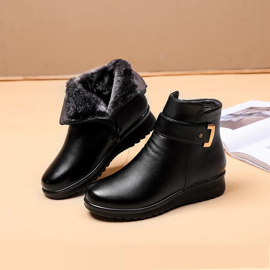 Leather-Look Metal Buckle Velvet Boots