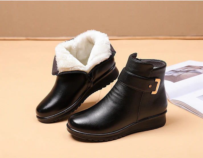 Leather-Look Metal Buckle Velvet Boots