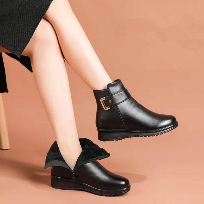 Leather-Look Metal Buckle Velvet Boots