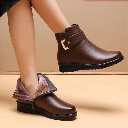 Leather-Look Metal Buckle Velvet Boots