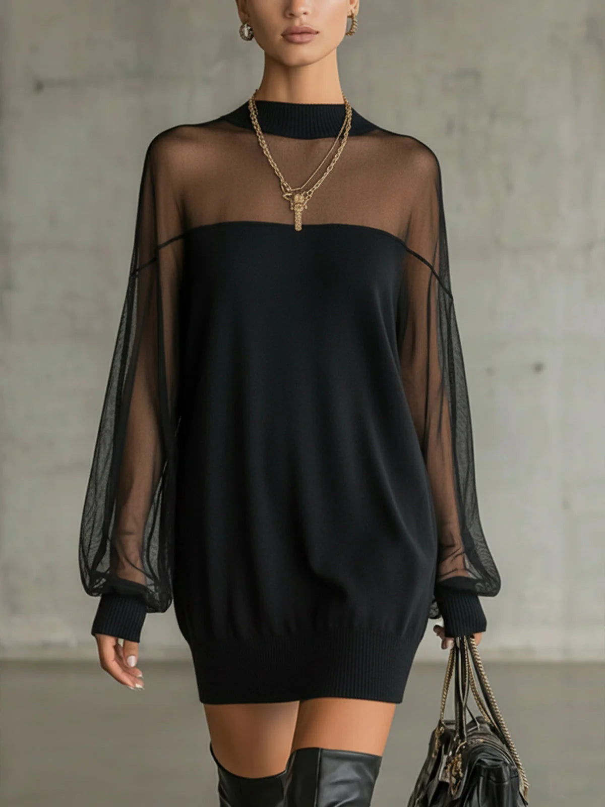 Women’s High-Neck Mini Dress with Sheer Mesh Sleeves