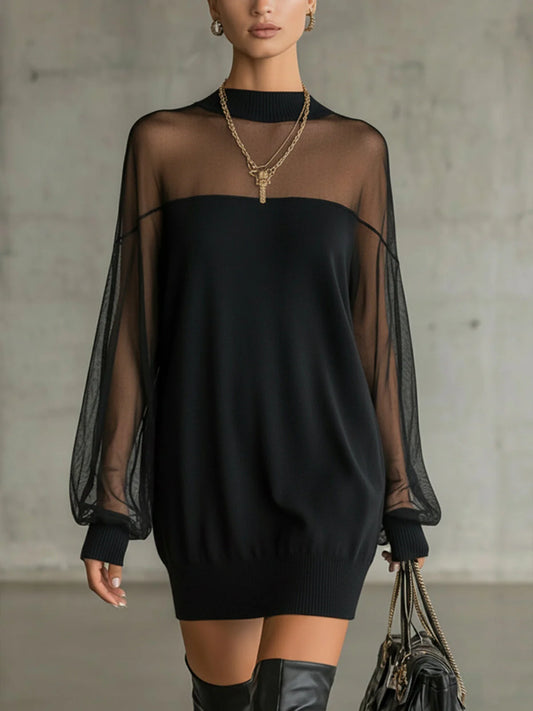 Women’s High-Neck Mini Dress with Sheer Mesh Sleeves