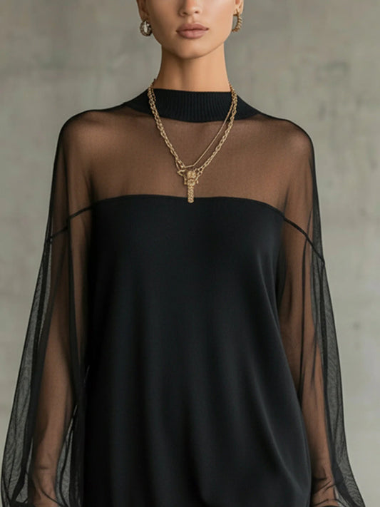 Women’s High-Neck Mini Dress with Sheer Mesh Sleeves