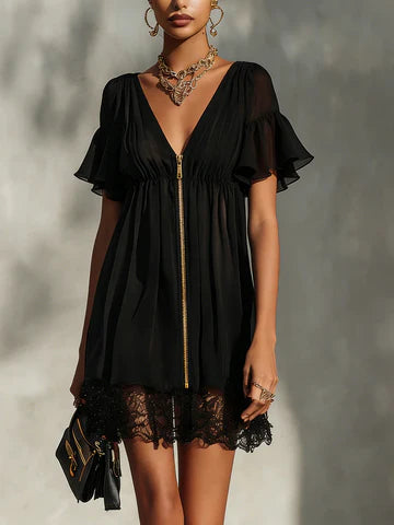 Women’s Lace Trim Zip Front Mini Dress