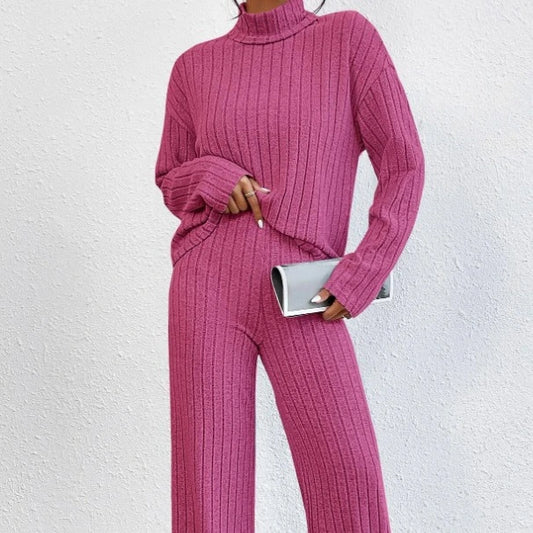 Women’s High-Neck Fur-Collar Embossed Knit Lounge Set