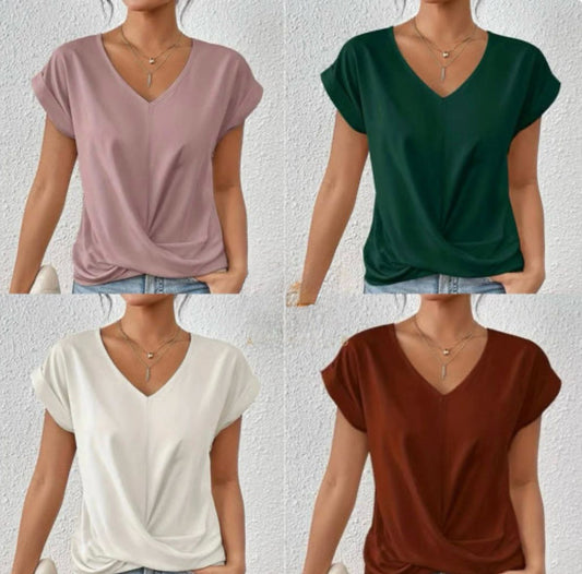 Elegant short-sleeved T-shirt with twisted V-neck