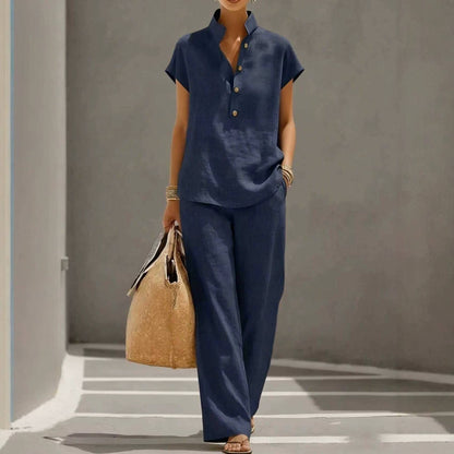Women's Button-Neck Top and Wide-Leg Trouser Set