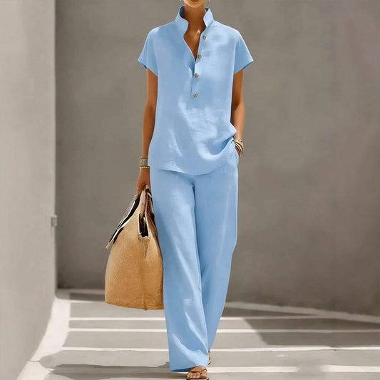 Women's Button-Neck Top and Wide-Leg Trouser Set