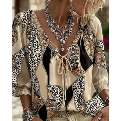 Women's Leopard Lace Up Puff Sleeve Blouse