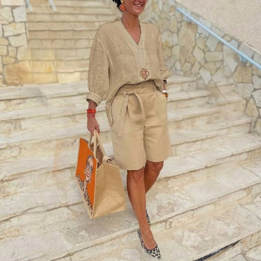 Women’s V-Neck Top and Belted Shorts Set