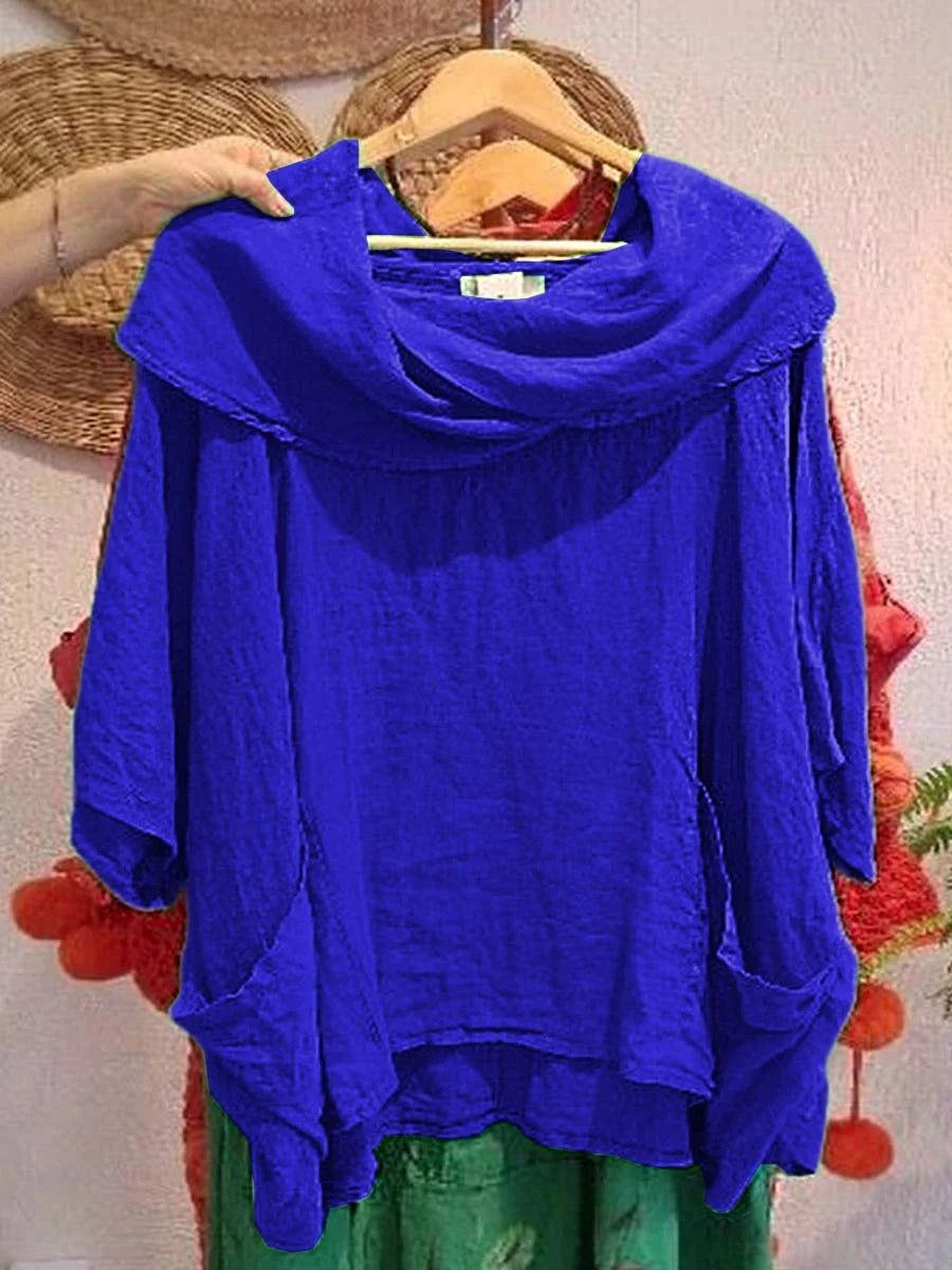 Women’s Draped Neck Linen-Blend Pocket Top