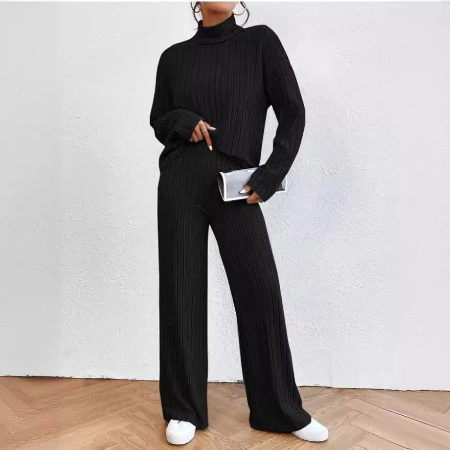 Women’s High-Neck Fur-Collar Embossed Knit Lounge Set