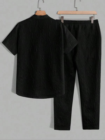 Men’s Embossed Pattern T-Shirt and Drawstring Trouser Set