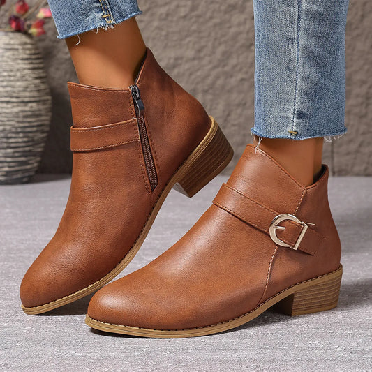 Women’s Comfortable Chunky Heel Leather-Look Ankle Boots