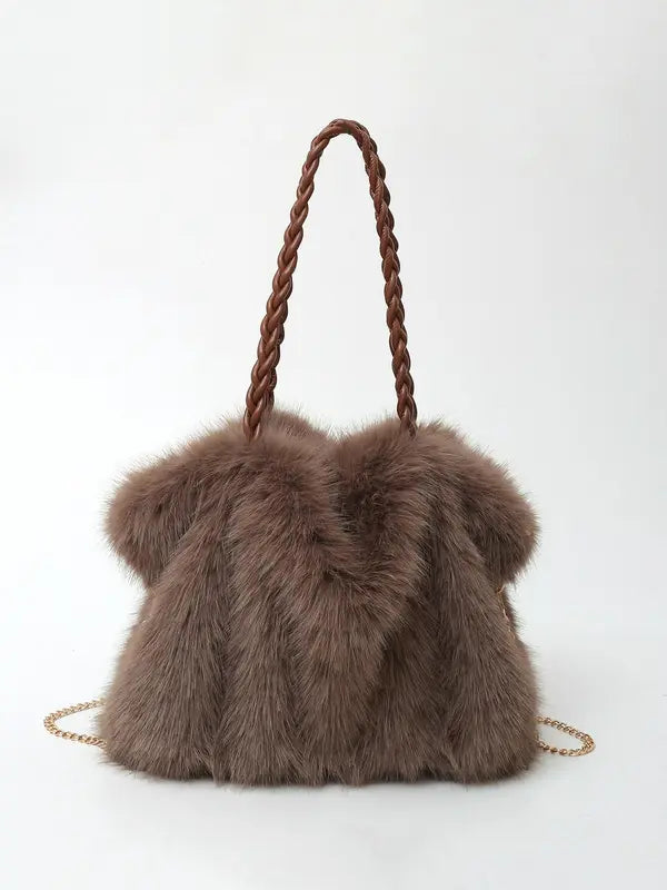 Women’s Braided-Handle Faux-Fur Shoulder Tote