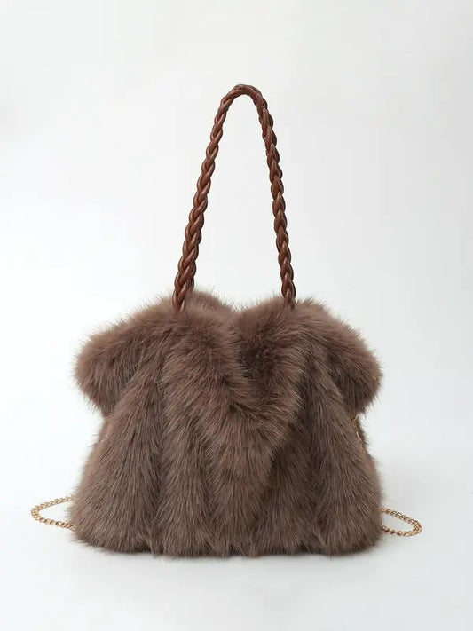 Women’s Braided-Handle Faux-Fur Shoulder Tote