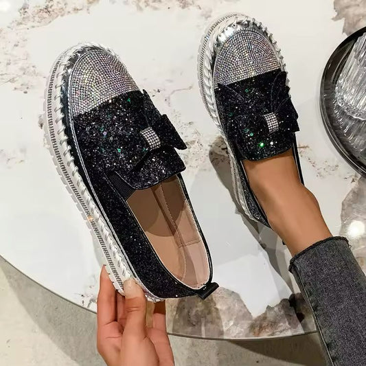Women's Sequin Bow Loafers - Platform Flats in Wine Red