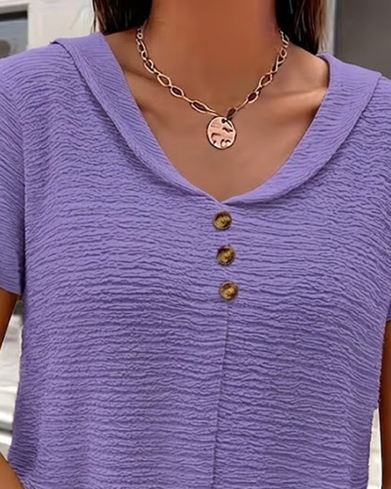 Women’s Textured V-Neck Button Detail Casual T-Shirt
