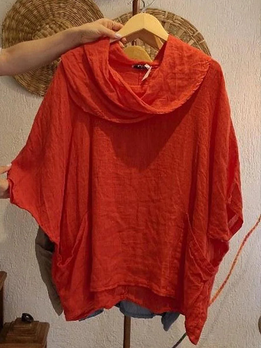 Women’s Draped Neck Linen-Blend Pocket Top