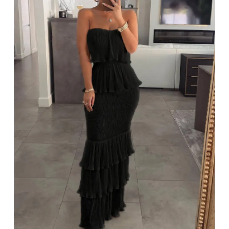 Women's Strapless Tiered Ruffle Maxi Dress