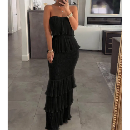 Women's Strapless Tiered Ruffle Maxi Dress