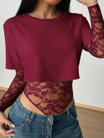 Women's Lace Panel Crop Bodysuit