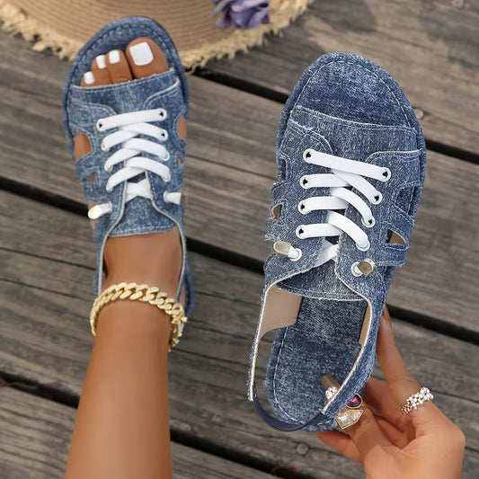 Women’s Denim-Look Lace-Up Flat Sandals