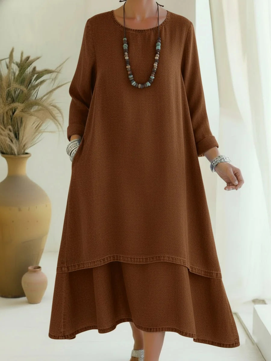 Women’s Double-Layer Denim Midi Dress with Relaxed Sleeves