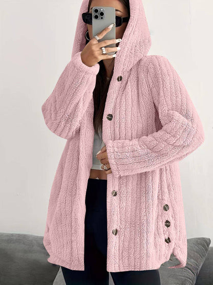 Women’s Longline Hooded Plush Fleece Button Jacket