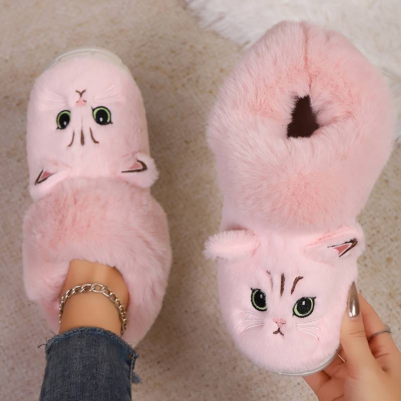 Women’s Plush Cat Face Indoor Slippers with Warm Lined Collar