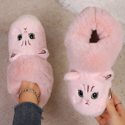Women’s Plush Cat Face Indoor Slippers with Warm Lined Collar
