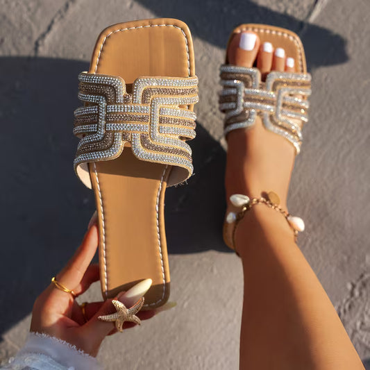 Women’s Rhinestone Square-Toe Slide Sandals