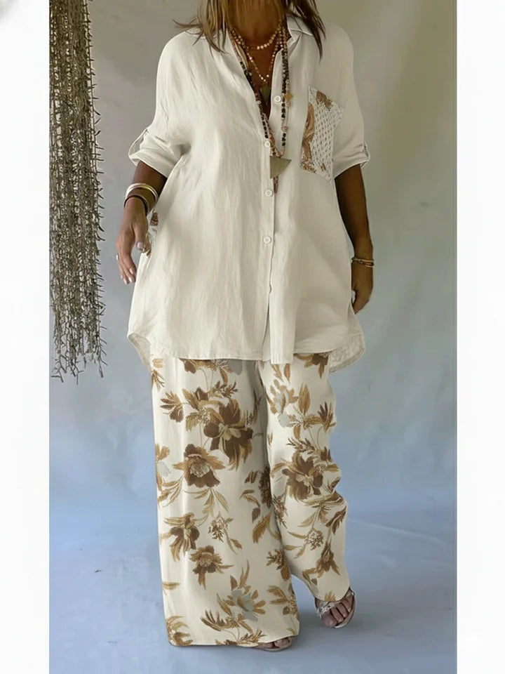 Women’s Casual Floral Linen Cotton Shirt & Trousers Set