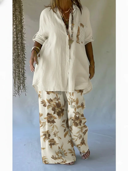 Women’s Casual Floral Linen Cotton Shirt & Trousers Set