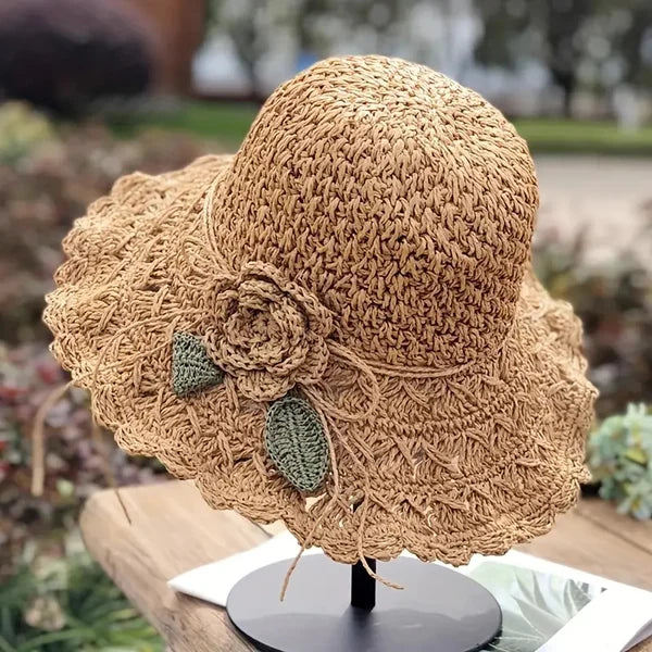 Handmade Elegant Crochet Straw Hat with Ruffle Detail