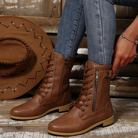 Women’s Classic Zipper Mid-Calf Leather-Look Boots