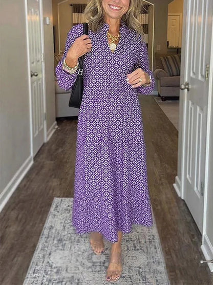 Women's V Neck Vintage Printed Maxi Dress