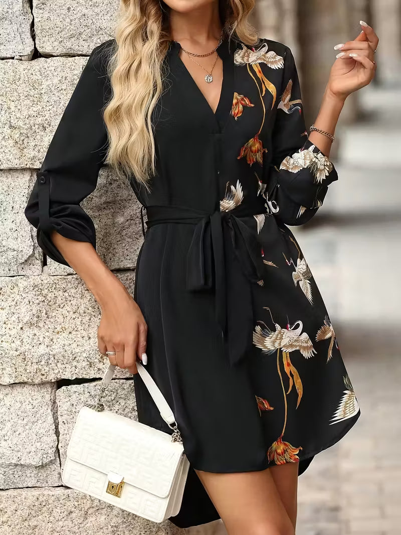 Women’s Printed V-Neck Tie-Waist Dress