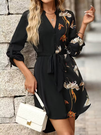 Women’s Printed V-Neck Tie-Waist Dress