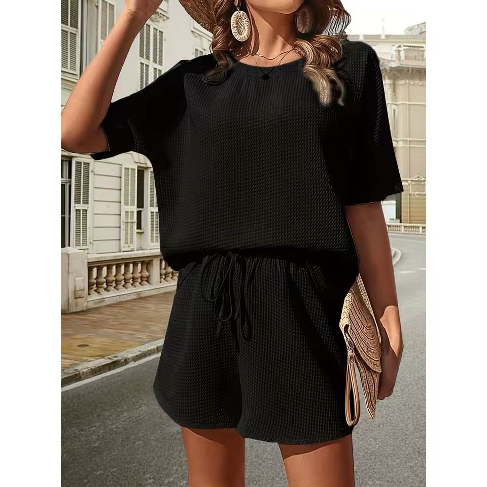 Women's Batwing Sleeve 2-Piece Set – Short Sleeve Top & Solid Shorts