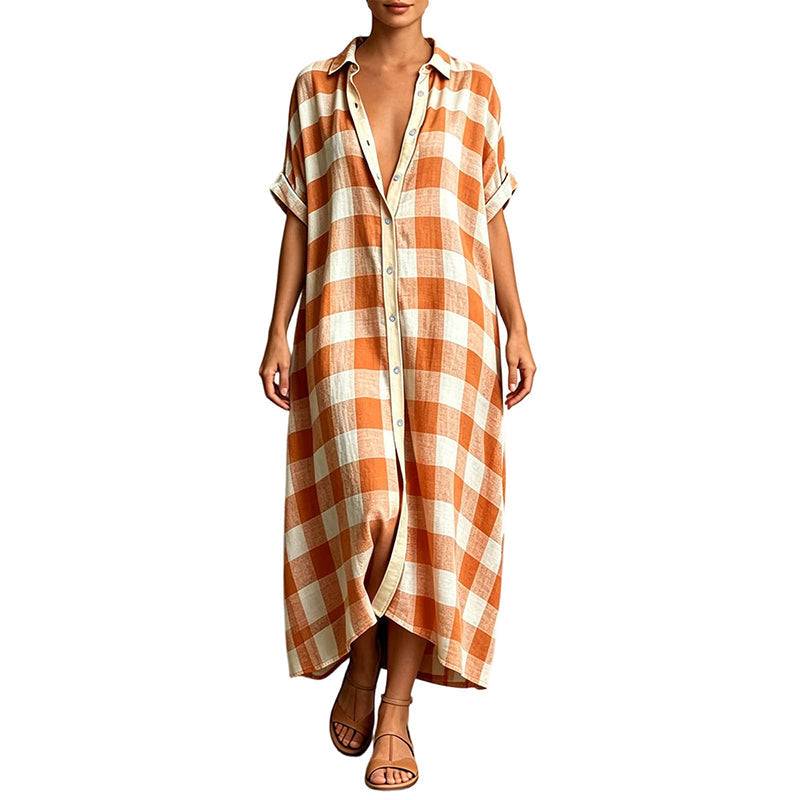 Women's Check Button Front Maxi Shirt Dress