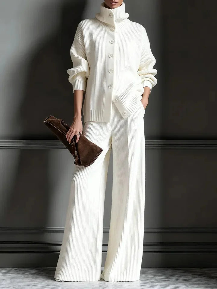 Women’s Luxe Ribbed Funnel-Neck Cardigan & Wide-Leg Knit Set