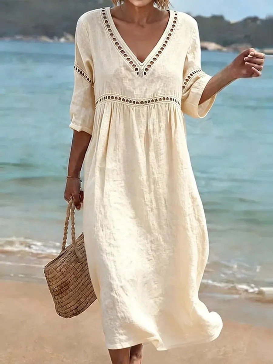 Women’s V-Neck Cut-Out Detail Cotton Linen Midi Dress