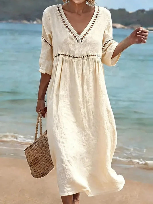Women’s V-Neck Cut-Out Detail Cotton Linen Midi Dress